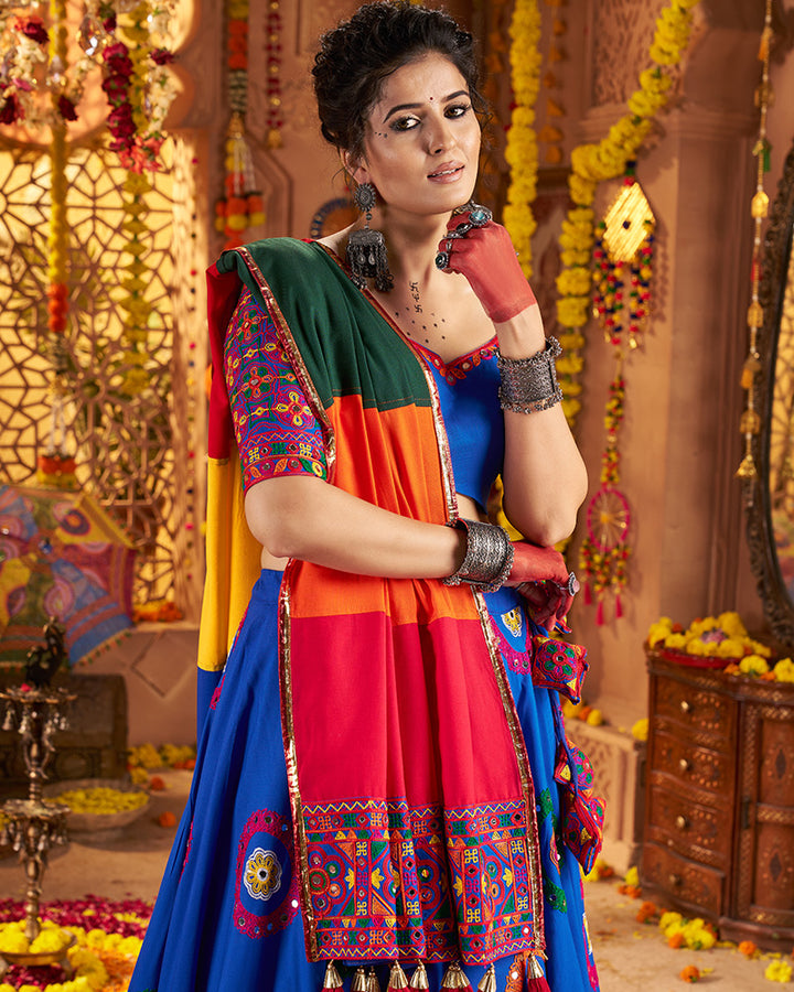 Royal Blue Traditional Choli With Colorful Embroidery And Mirror