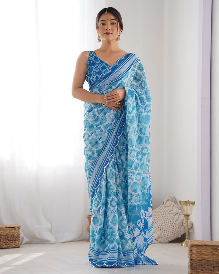 Sky Blue Color Chinnon Silk Printed Saree