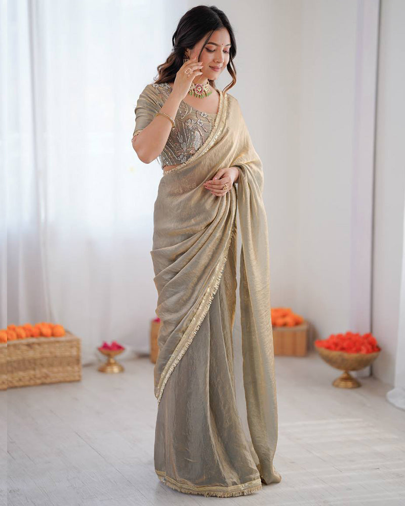 Dusty Grey Color Fendi Silk Pre Draped Saree