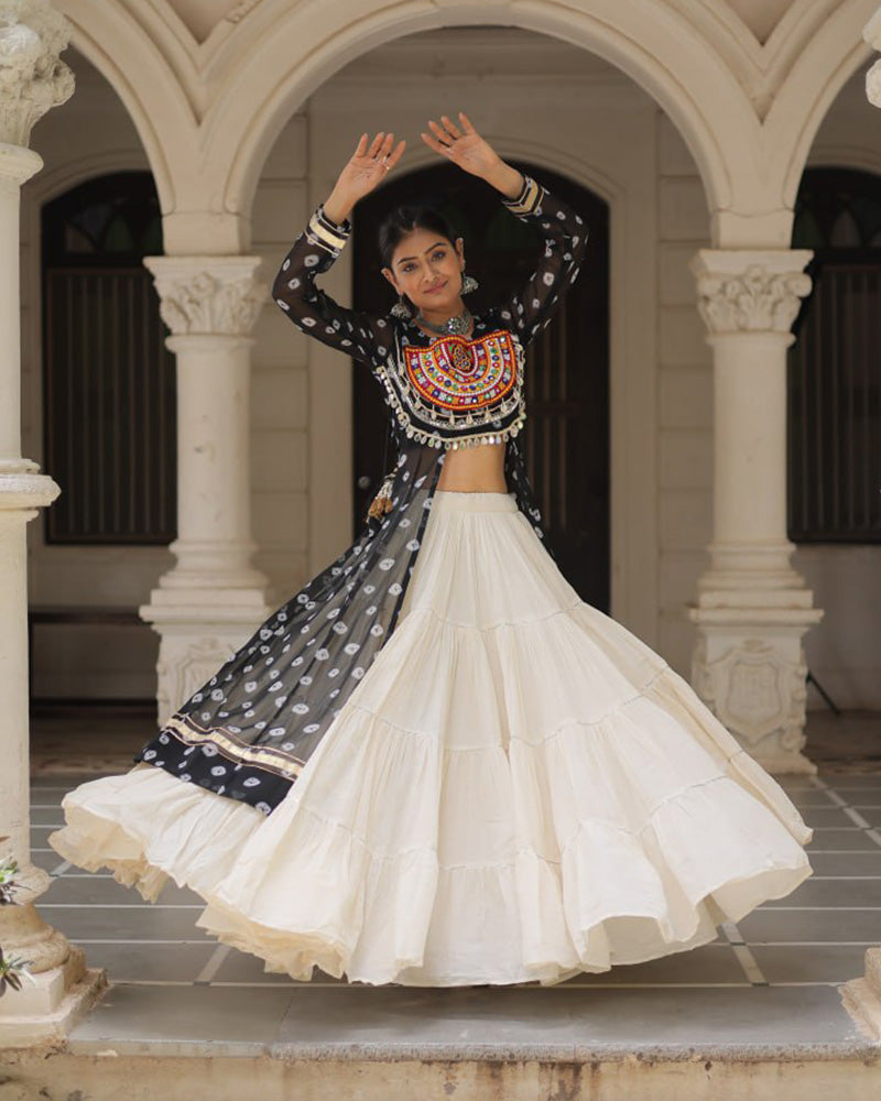 Black Bandhani Print Gamthi Jacket Choli With Off-White Flared Lehenga