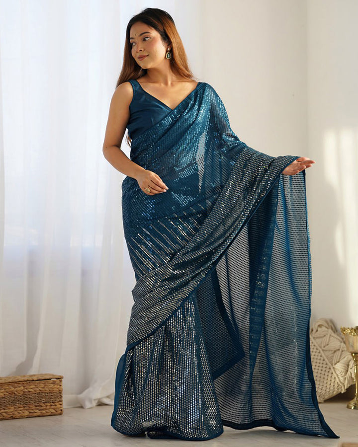Rama Color Heavy Georgette Sequence Embroidered Saree