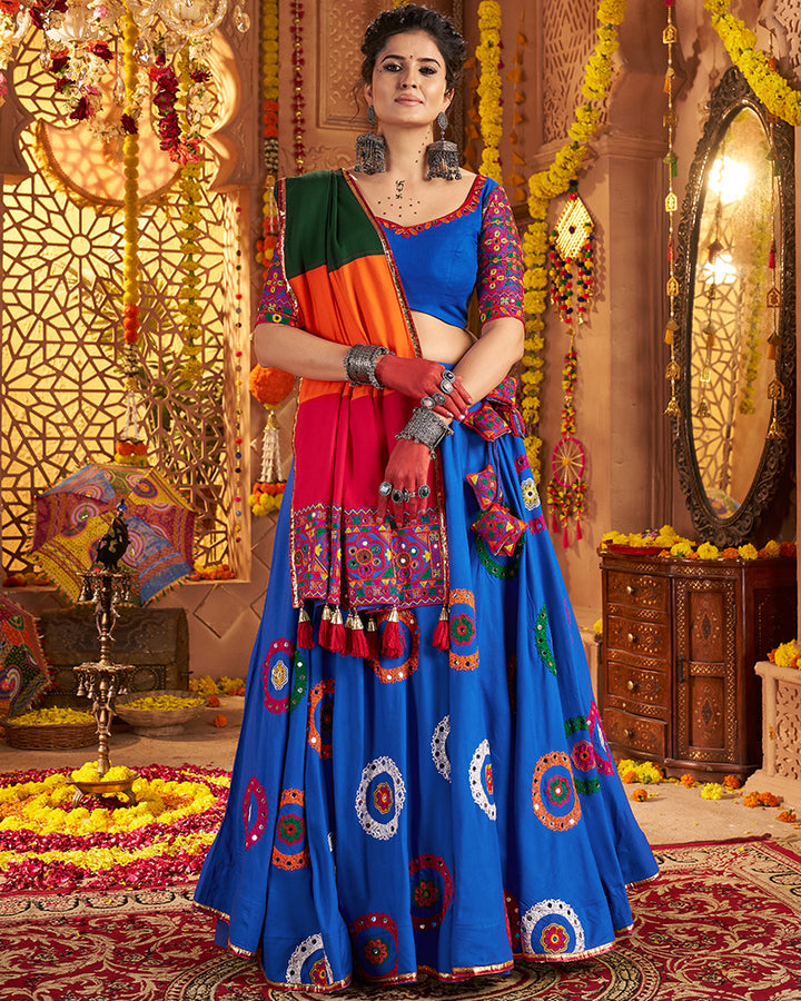 Royal Blue Traditional Choli With Colorful Embroidery And Mirror