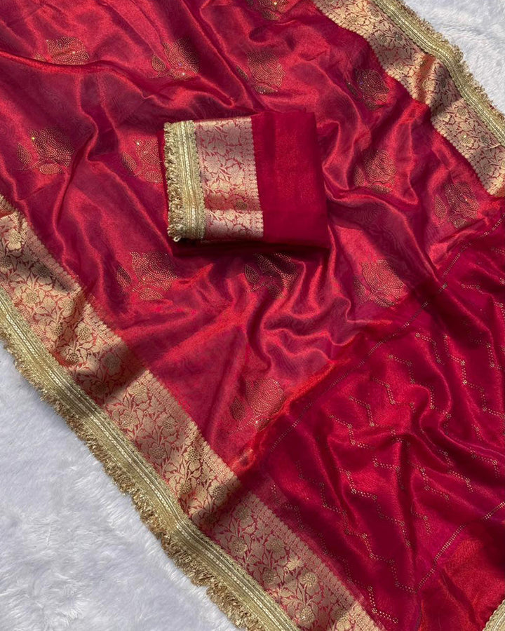 Premium Red Color Organza Tissue Silk Saree