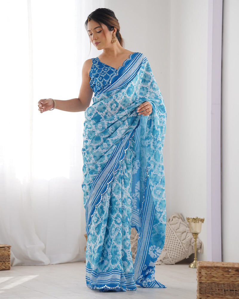 Sky Blue Color Chinnon Silk Printed Saree