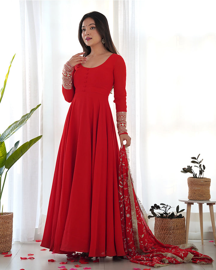 Red Color Soft Georgette Anarkali With Heavy Dupatta Work