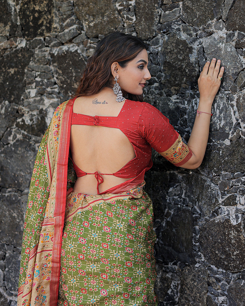 Mehndi Color Foil Print Stone Work Dola Silk Saree