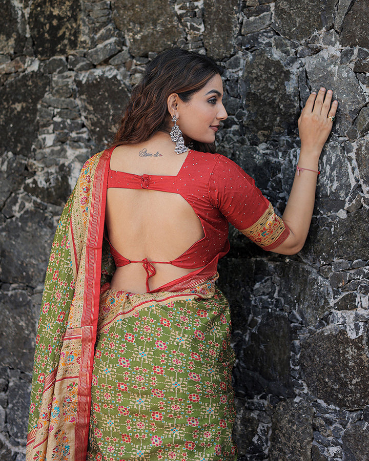 Mehndi Color Foil Print Stone Work Dola Silk Saree