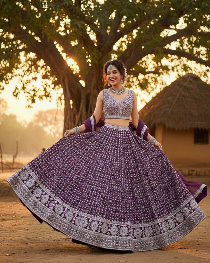 Wedding Wear Purple Color Georgette Embroidered Lehenga Choli