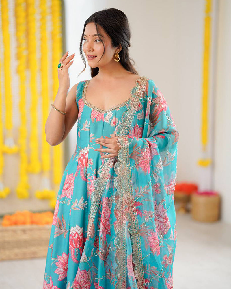 Turquoise Blue Color Muslin Cotton Printed Anarkali Suit