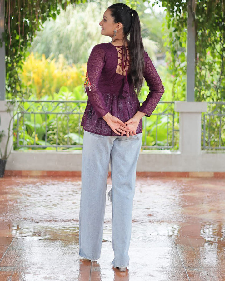 Wine Color Georgette Lucknowi Work Navratri Kediya
