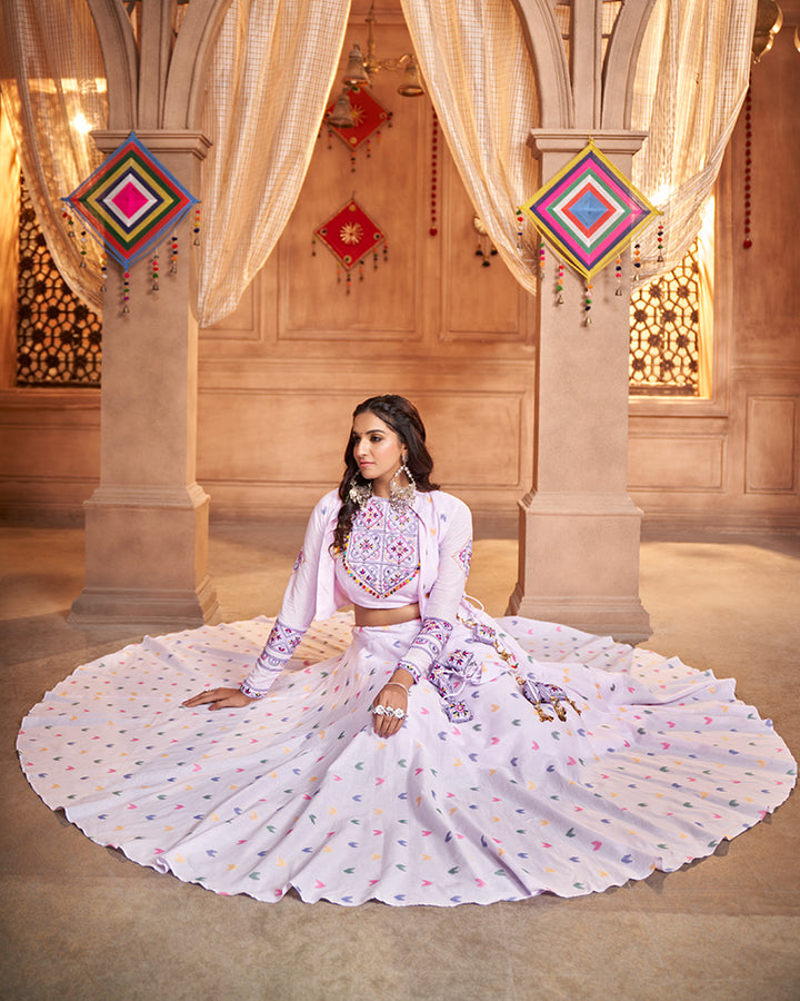Lavender Color Cotton Jacquard Weaving And Real Mirror Work Navratri Lehenga Choli