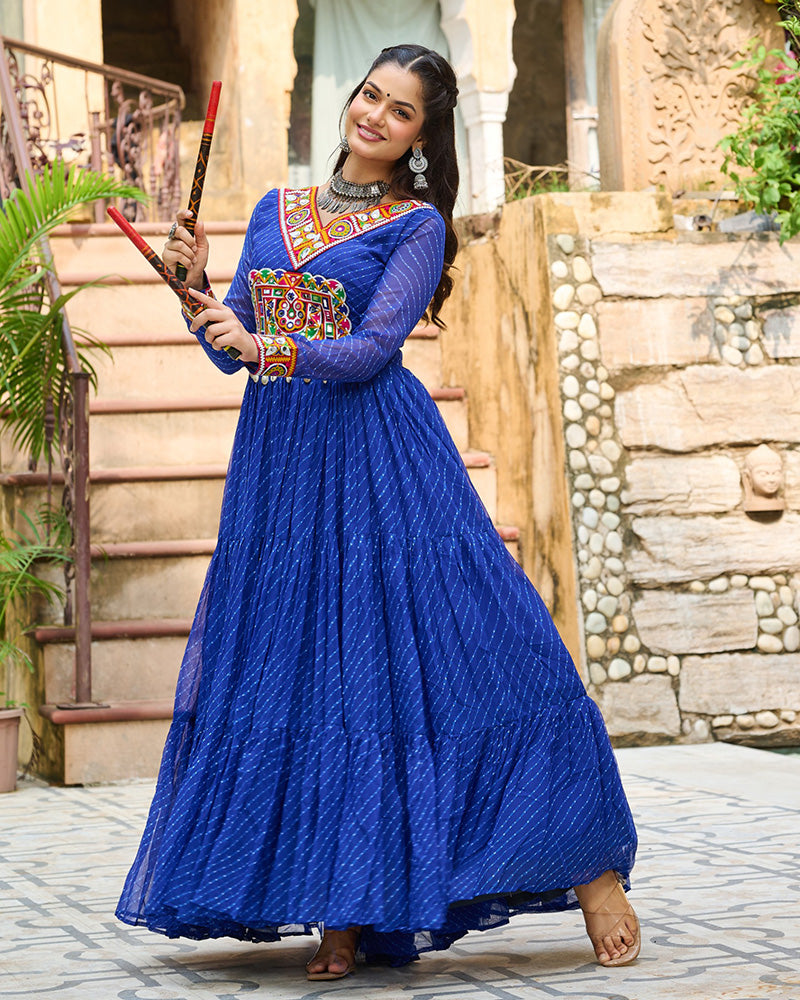 Designer Blue Color Kutchi Embroidered Anarkali Gown