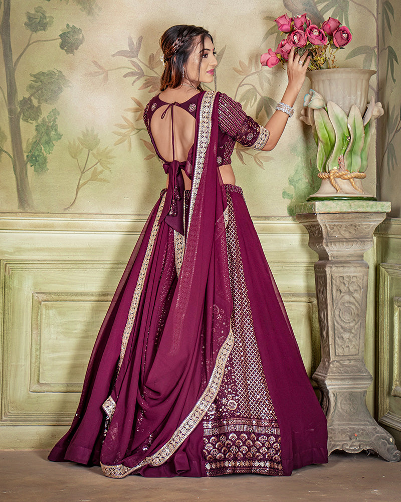 Wine Color Gerogette Sequence Embroidered Wedding Lehenga Choli