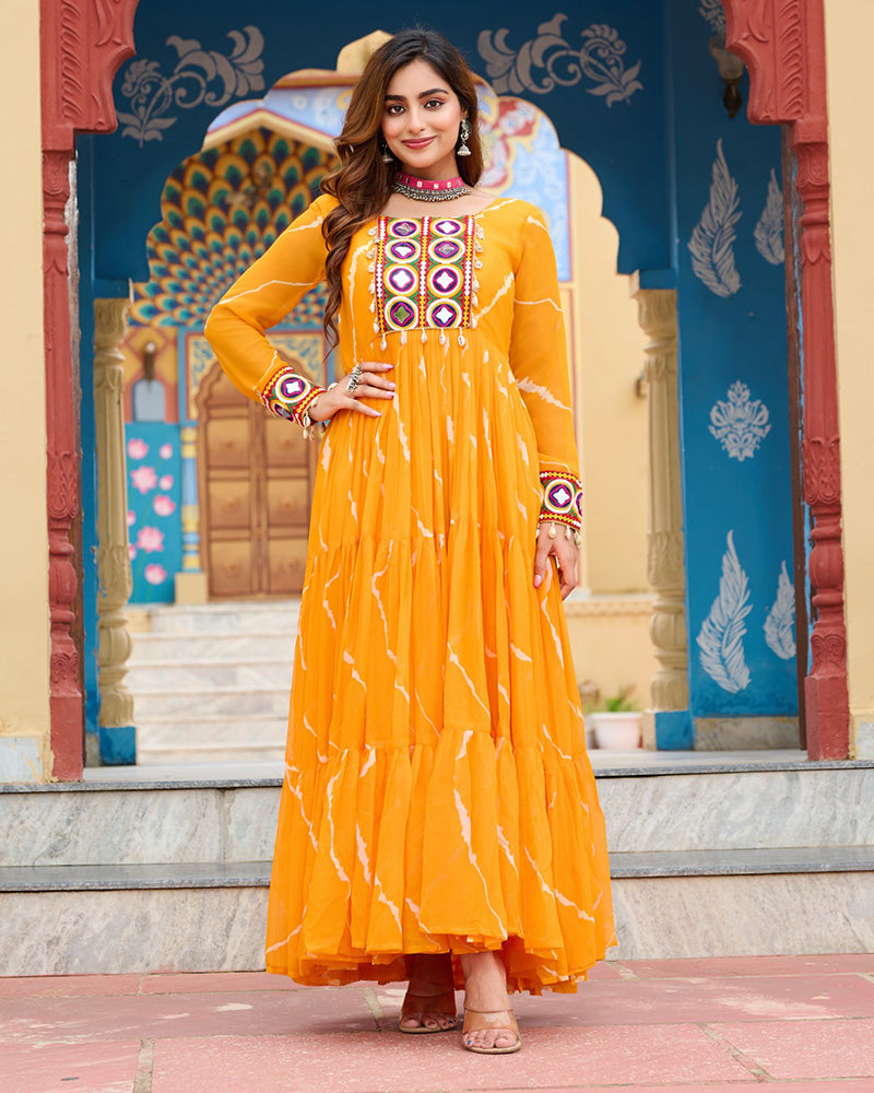 Navratri Special Yellow Color Faux Georgette Laheriya Print Gown