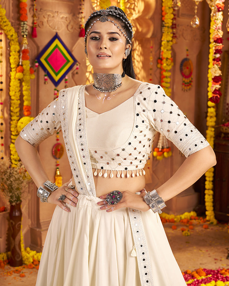 Elegant White Navratri Lehenga Choli With Rich Embroidered Accents