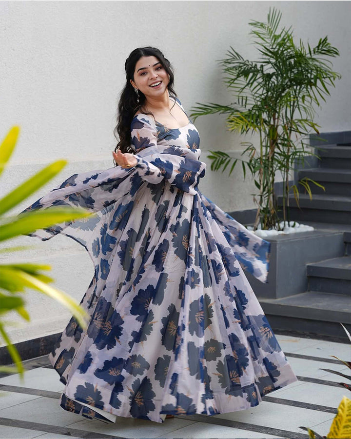 Blue Color Tabby Organza Three Piece Anarkali Suit