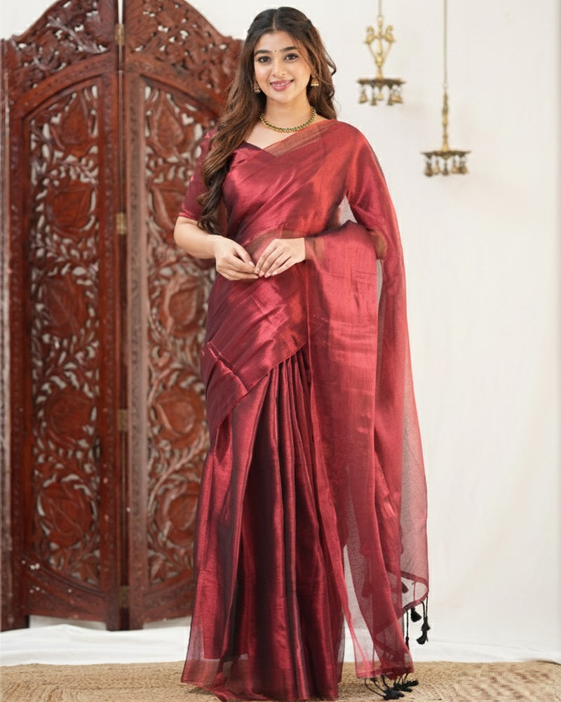 Maroon Color Handloom Raga Tissue Cotton Saree