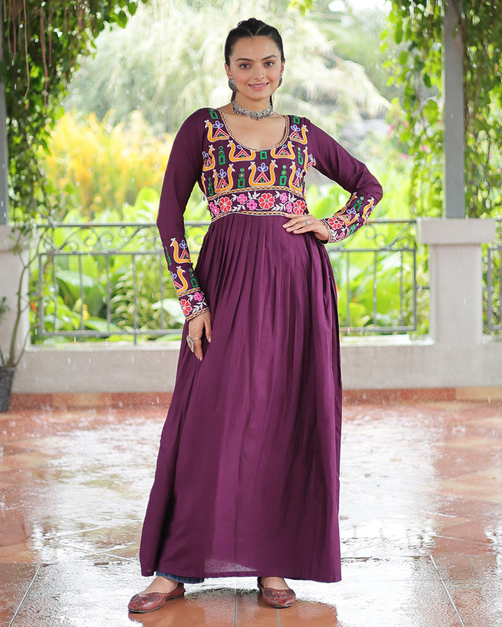 Navratri Wear Wine Color Rayon Kutchi Work Kurti