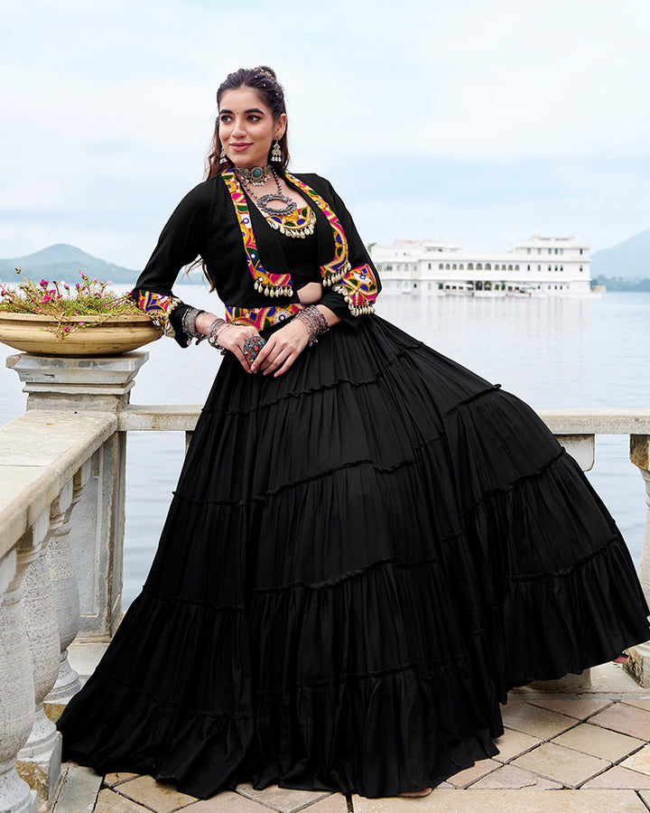 Black Color Pure Rayon Ruffle Style Navratri Lehenga Choli