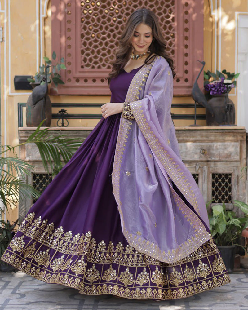 Royal Purple Zari Embroidered Anarkali Gown with Dupatta