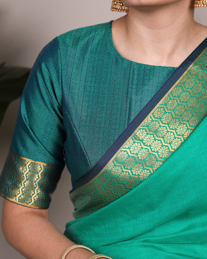 Bottle Green Color Zari Weaving Poly Cotton Saree