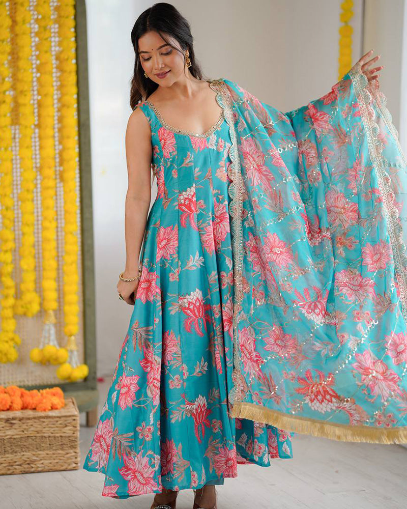 Turquoise Blue Color Muslin Cotton Printed Anarkali Suit