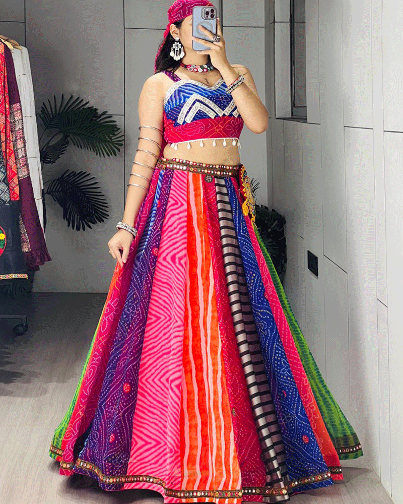 Multi Color Faux Georgette Printed Navratri Lehenga Set