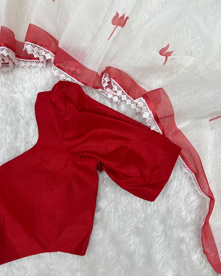 White Color Linen Printed Saree