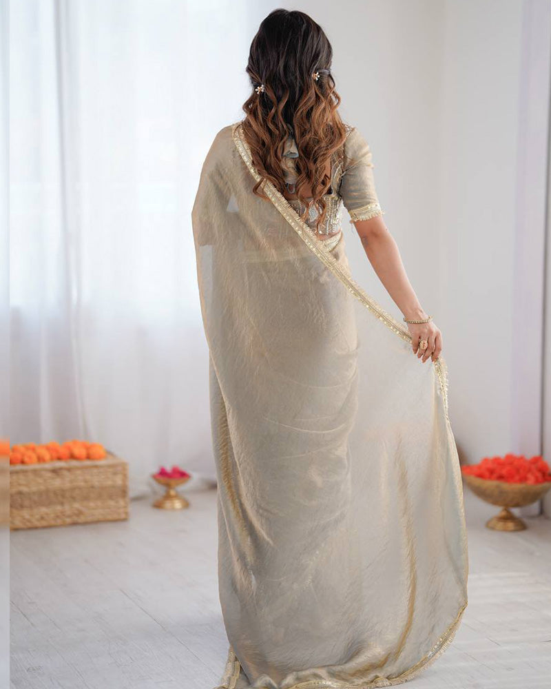 Dusty Grey Color Fendi Silk Pre Draped Saree