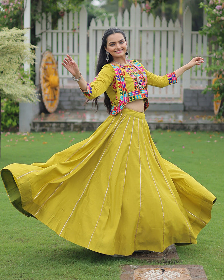 Lime Green Traditional Mirror Work Lehenga With Jacket Style Top
