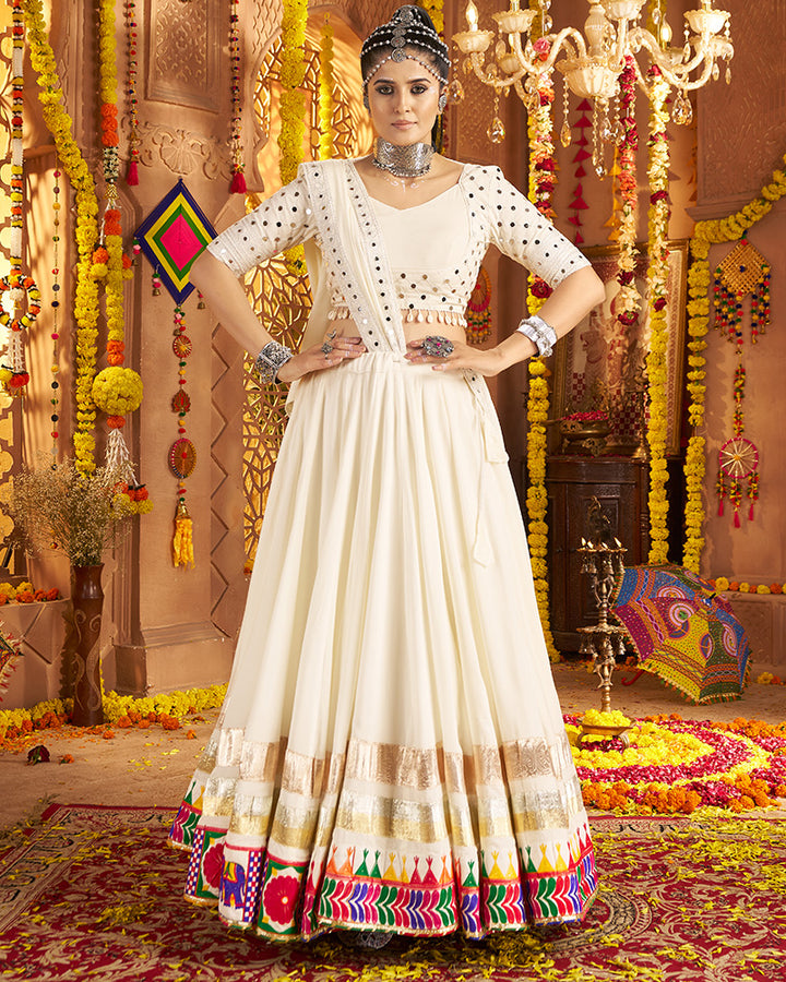 Elegant White Navratri Lehenga Choli With Rich Embroidered Accents
