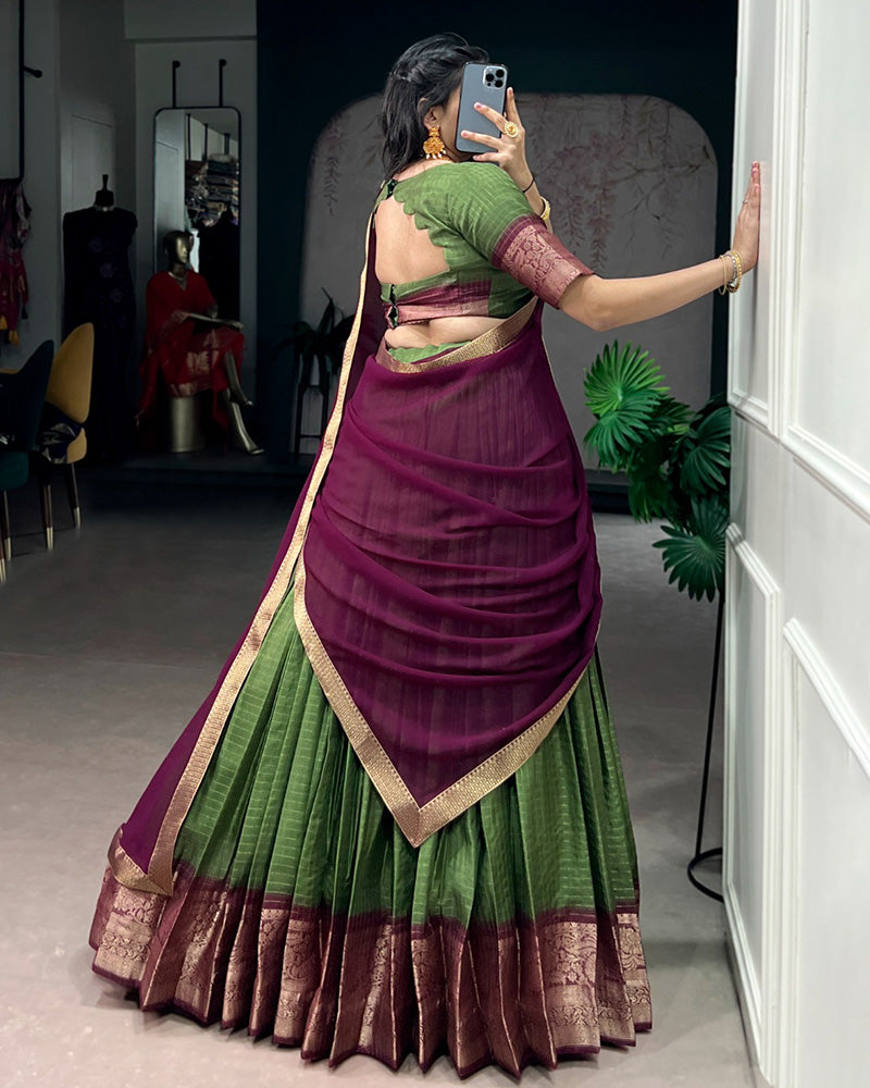 Mehndi Color Dola Chex Zari Weaving Half Saree