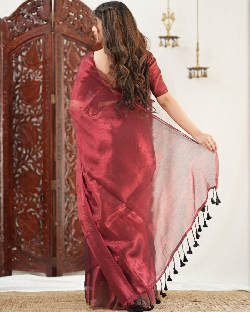 Maroon Color Handloom Raga Tissue Cotton Saree