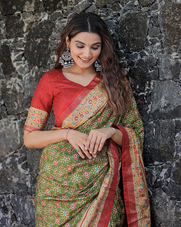 Mehndi Color Foil Print Stone Work Dola Silk Saree