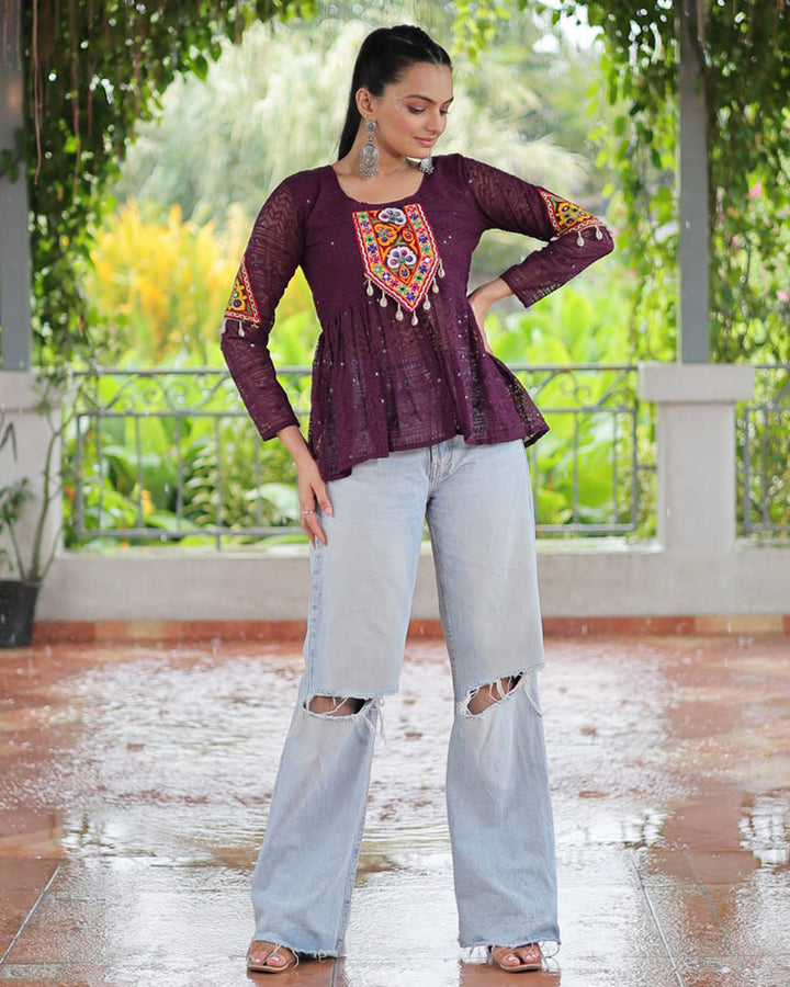 Wine Color Georgette Lucknowi Work Navratri Kediya