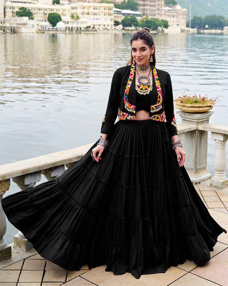 Black Color Pure Rayon Ruffle Style Navratri Lehenga Choli