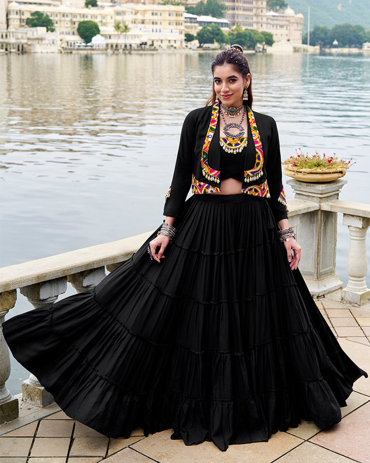 Black Color Pure Rayon Ruffle Style Navratri Lehenga Choli