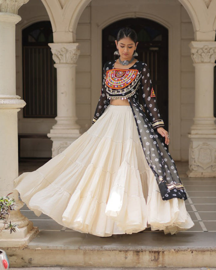 Black Bandhani Print Gamthi Jacket Choli With Off-White Flared Lehenga