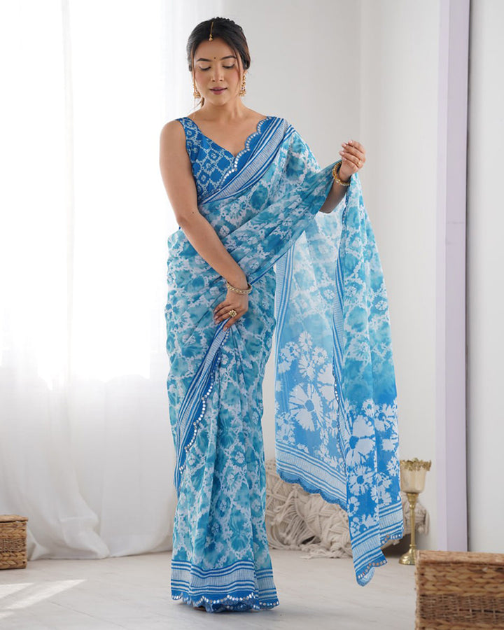 Sky Blue Color Chinnon Silk Printed Saree