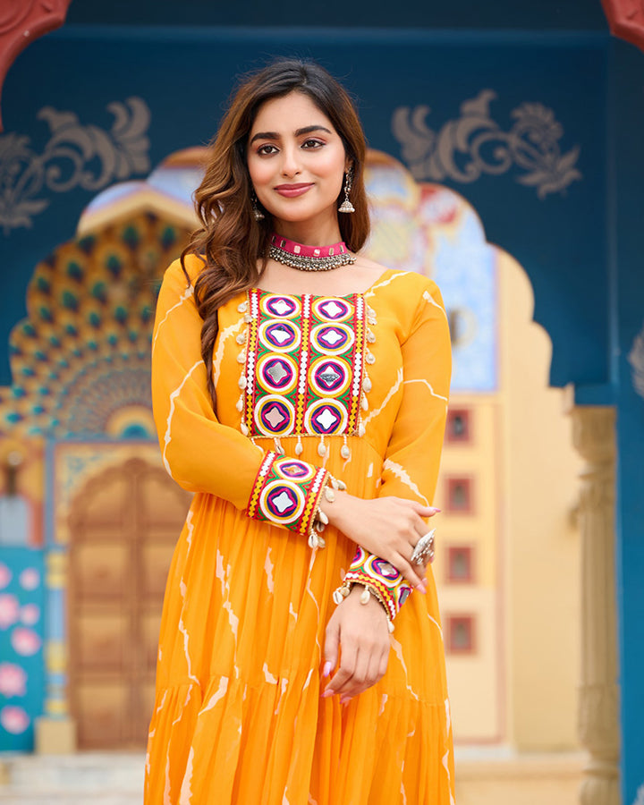 Navratri Special Yellow Color Faux Georgette Laheriya Print Gown