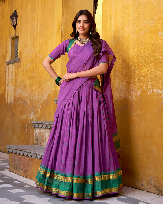 Elegant Purple Chanderi cotton half saree lehenga choli
