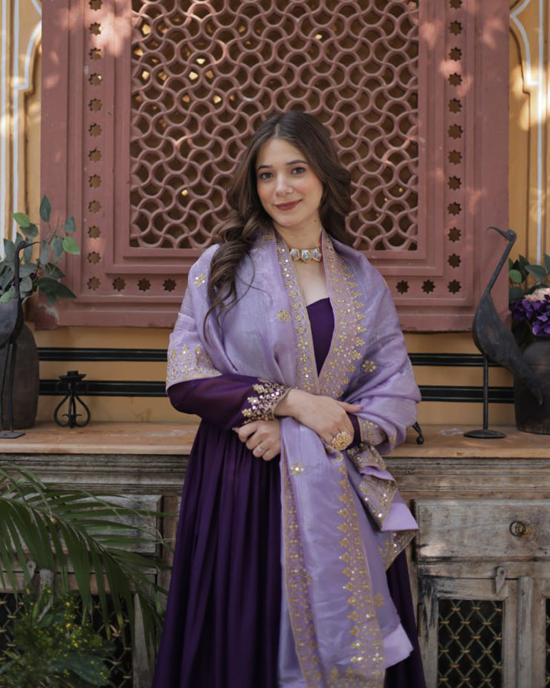 Royal Purple Zari Embroidered Anarkali Gown with Dupatta