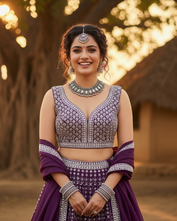 Wedding Wear Purple Color Georgette Embroidered Lehenga Choli