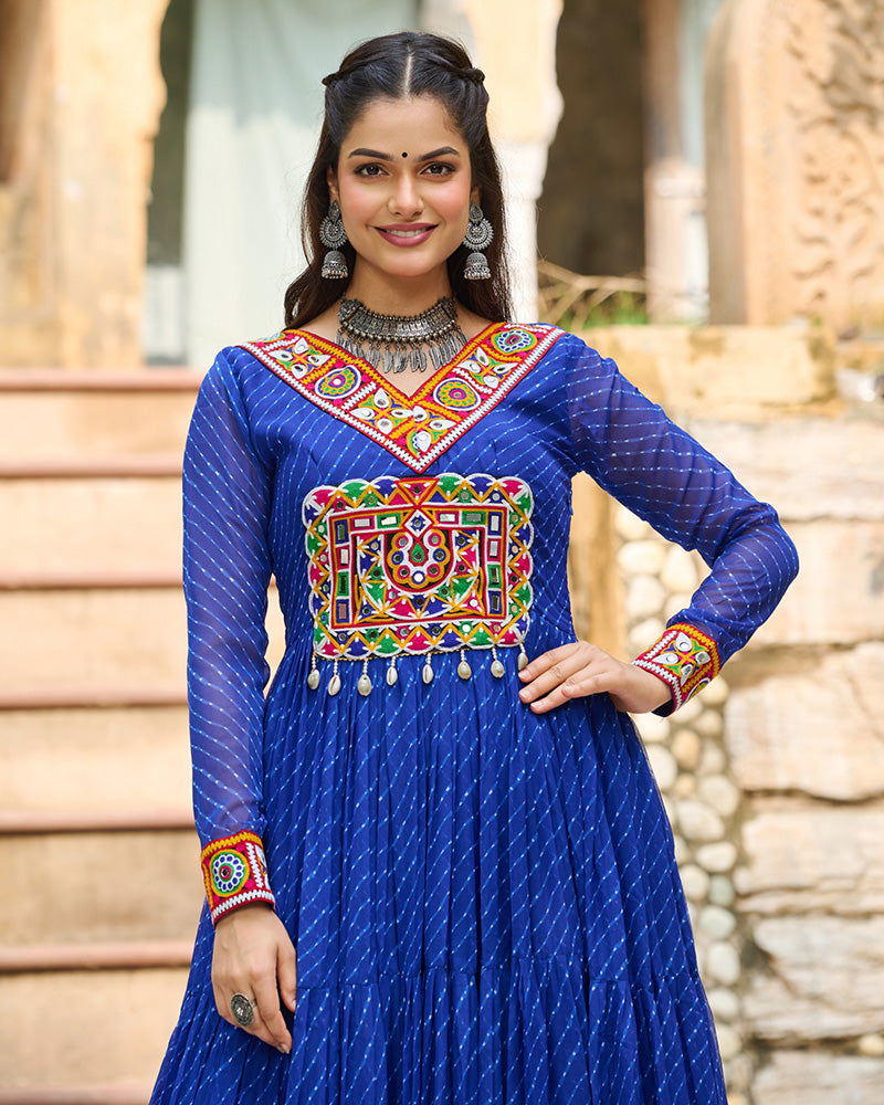 Designer Blue Color Kutchi Embroidered Anarkali Gown