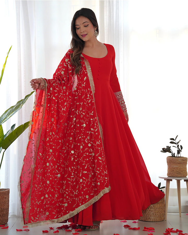 Red Color Soft Georgette Anarkali With Heavy Dupatta Work