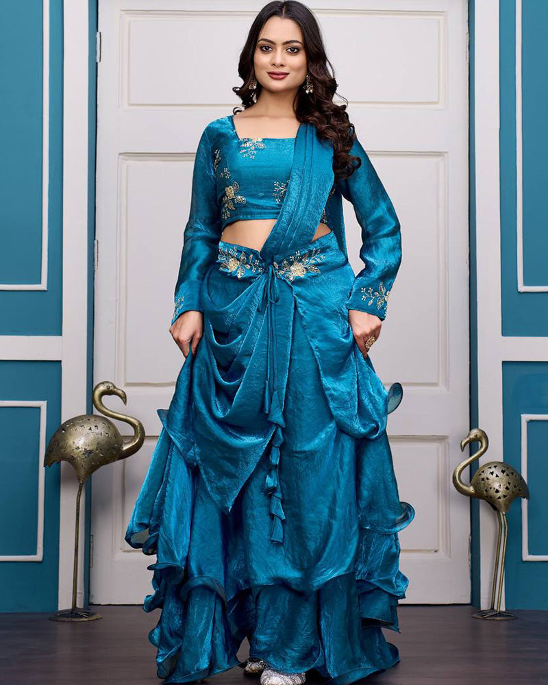 Teal Blue Color Fendy Satin Silk Embroidered Lehenga Choli