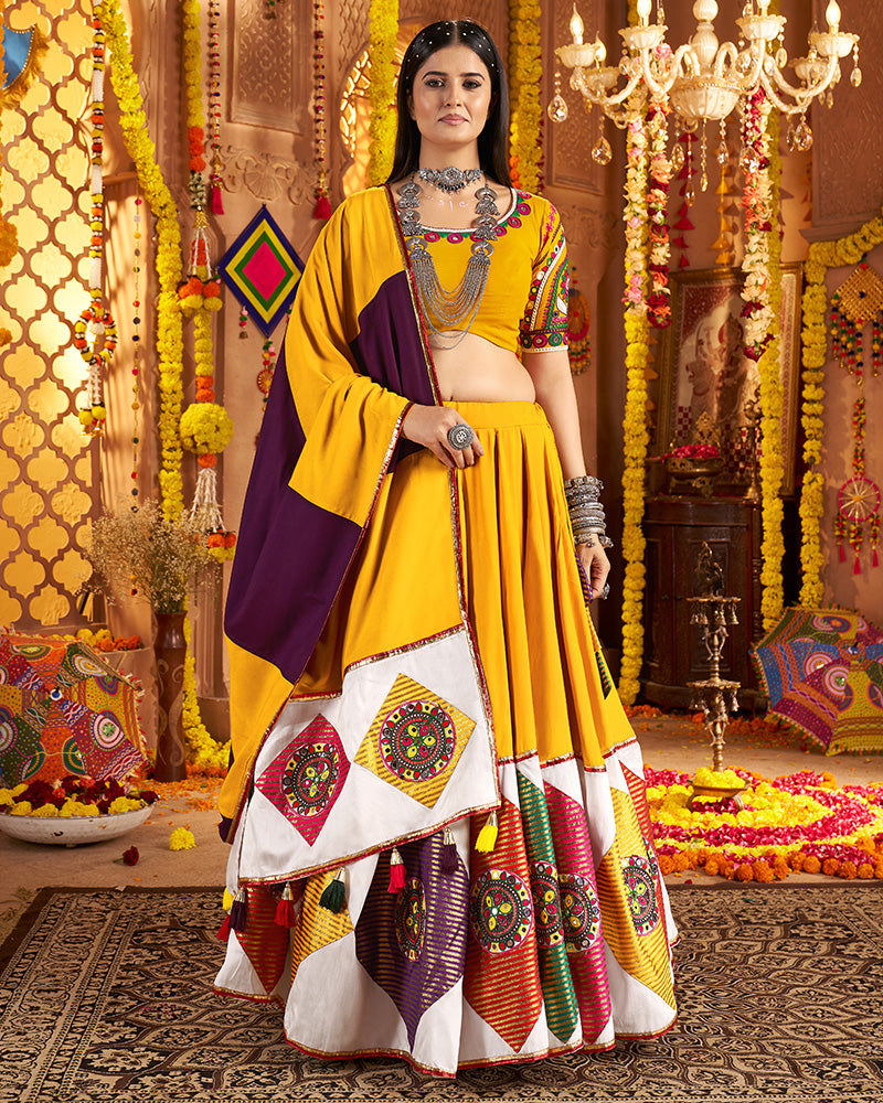 Traditional Mustard Yellow Color Mirror Work Navratri Lehenga Choli