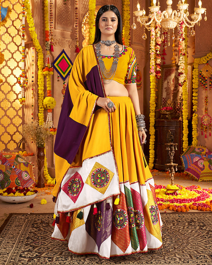 Traditional Mustard Yellow Color Mirror Work Navratri Lehenga Choli