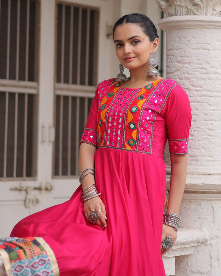 Vibrant Pink Color Ethnic Gamthi Work Navratri Gown