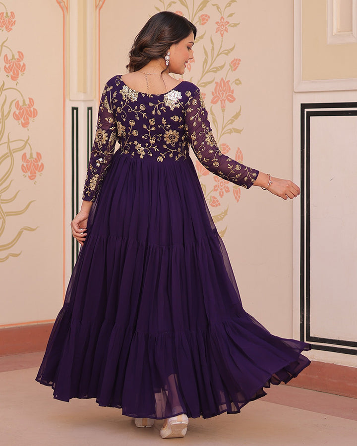 Royal Purple Gown With Exquisite Golden Embroidery